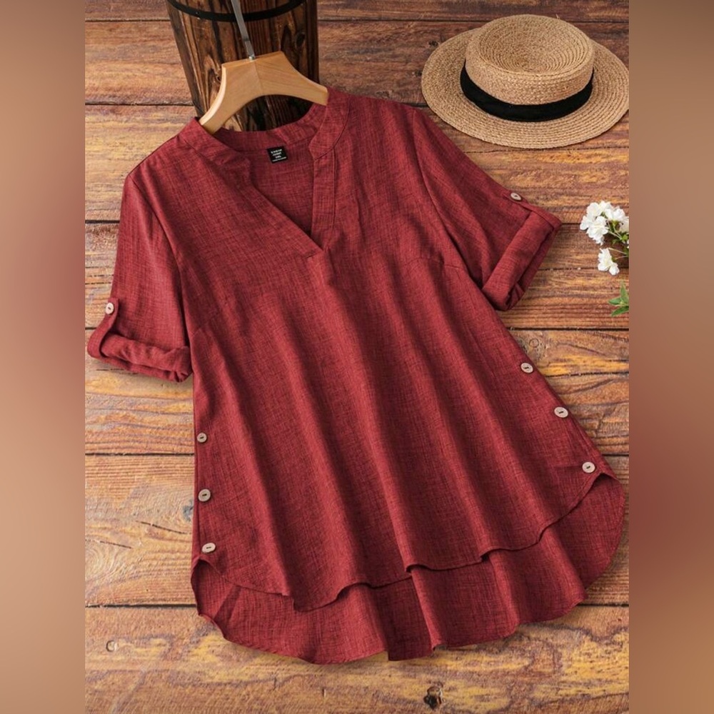 SHEIN Red V-Neck Button-Side Roll-Sleeve Tunic